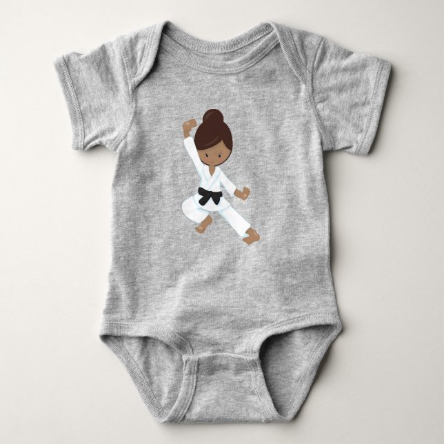 African American Girl, Black Belt, Karate Girl Baby Bodysuit (Front)