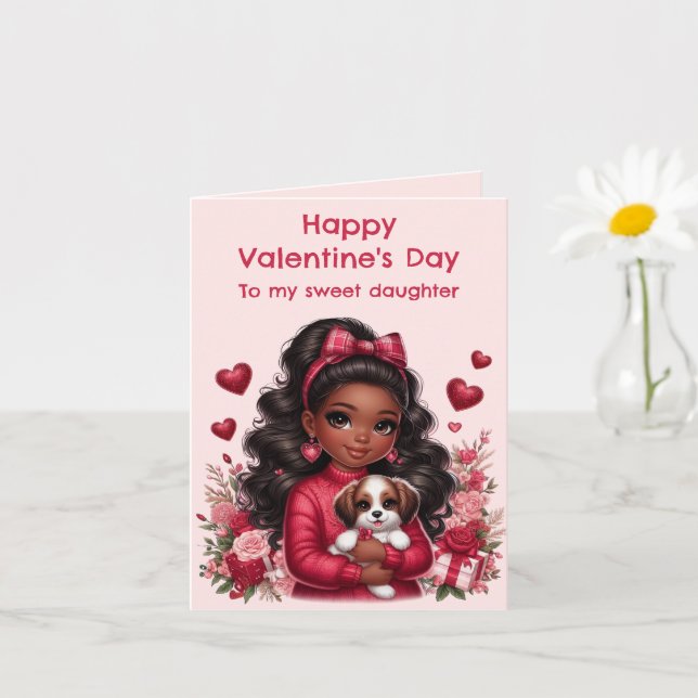  African American Girl Cute Puppy Valentine's Card (Small Plant)