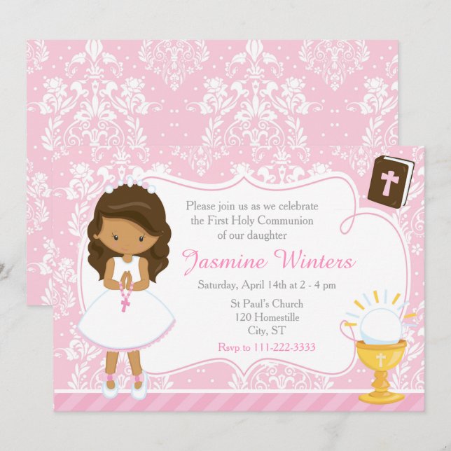 African American Girl First Communion Damask Invitation (Front/Back)