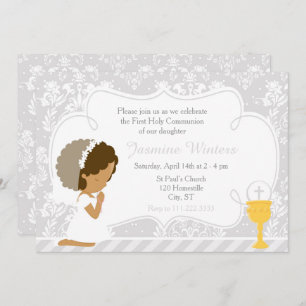 African American Girl First Communion Damask Invitation