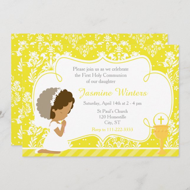 African American Girl First Communion Damask Invitation (Front/Back)