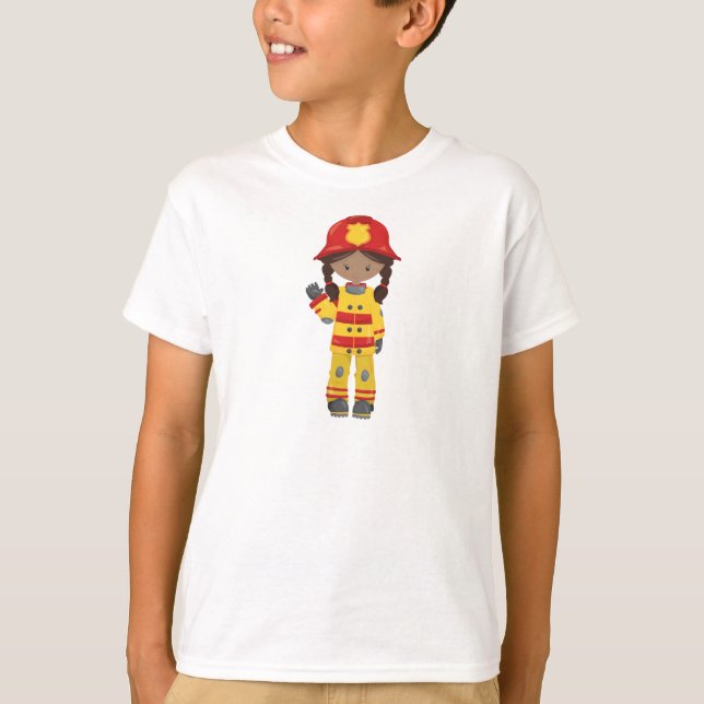 African American Girl, Girl Fireman, Firefighter T-Shirt (Front)