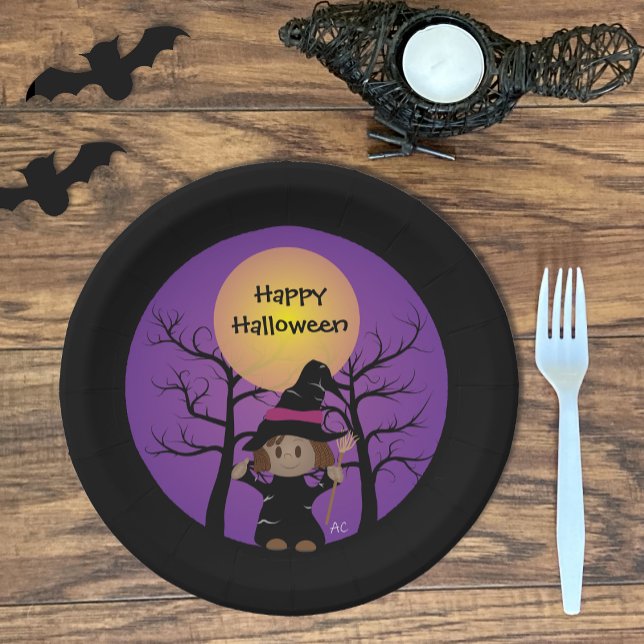 African-American Girl in Witch Costume Halloween Paper Plate (Creator Uploaded)