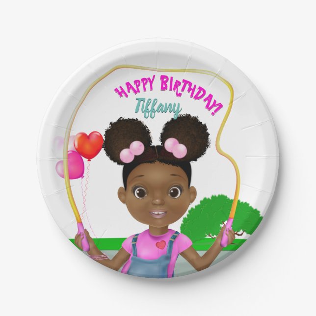 African American Girl Jump Rope Birthday Paper Plate (Front)