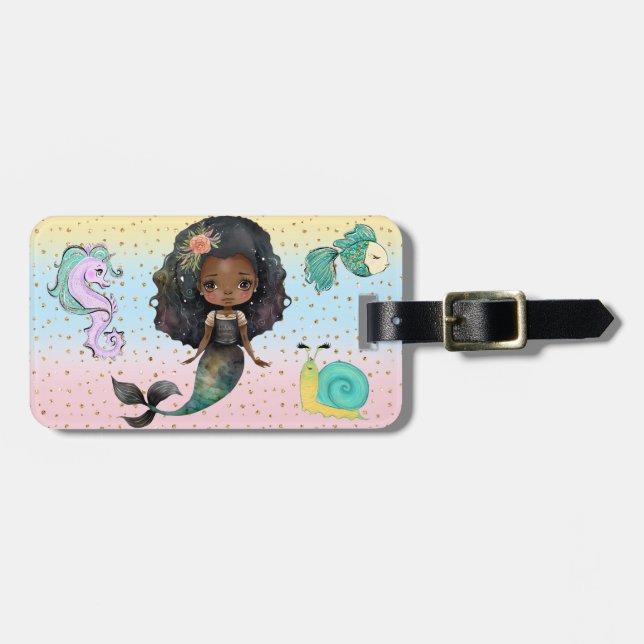 African American girl mermaid luggage tag (Front Horizontal)