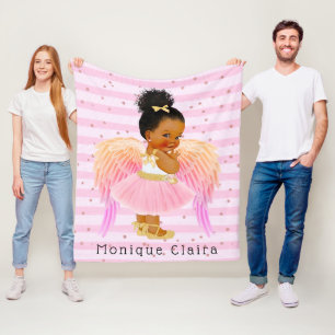 African American Girl Pink Ballerina Angel Custom  Fleece Blanket