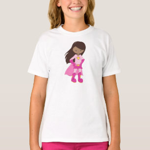 African American Girl, Pink Cape, Superhero Girl T-Shirt