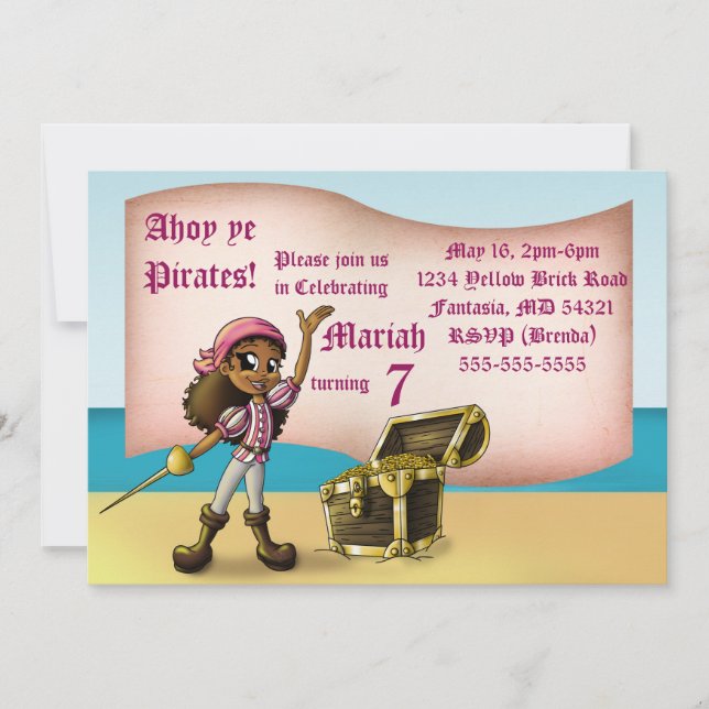 African American Girl Pirate Birthday Party Invitation (Front)