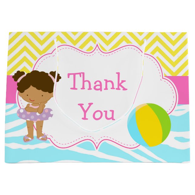 African American Girl Pool Party Bash Thank You Large Gift Bag (Front)