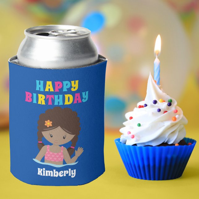 African American Girl Pool Party Custom Birthday Can Cooler (Creator Uploaded)
