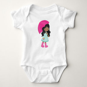 African American Girl, Rain, Raincoat, Umbrella Baby Bodysuit