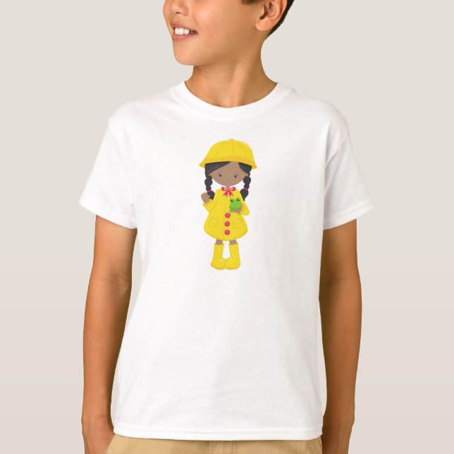 African American Girl, Raincoat, Rain, Boots, Frog T-Shirt (Front)