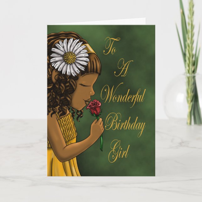 African American Girl Rose Daisy Birthday Card (Front)