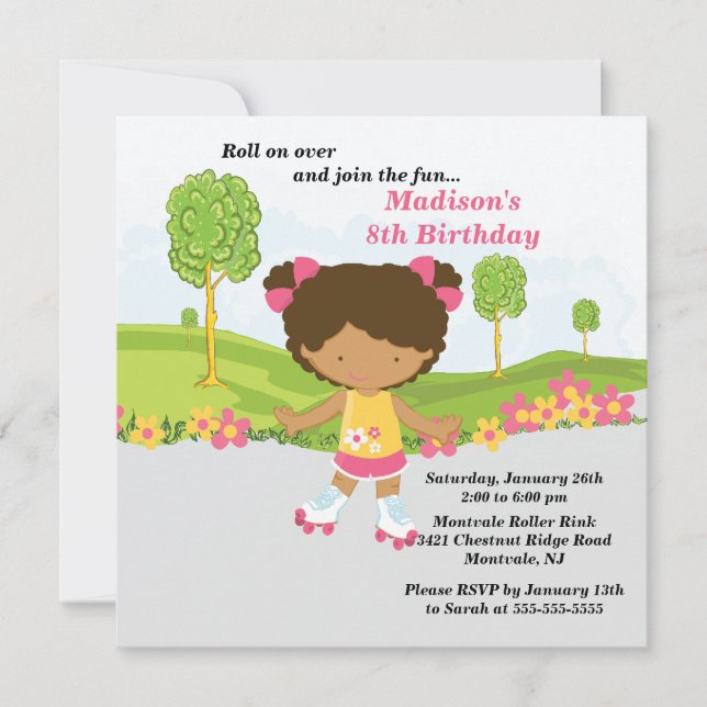 African American Girl Skating Birthday Party Invitation (Front)