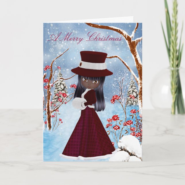 African American Girl, Snow , Merry Christmas Card (Front)