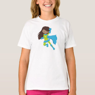 African American Girl, Superhero Girl, Blue Cape T-Shirt
