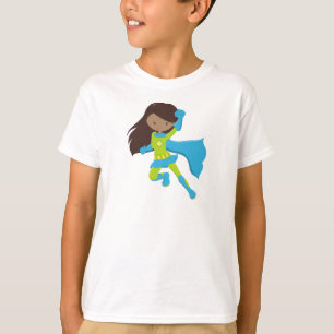 African American Girl, Superhero Girl, Blue Cape T-Shirt