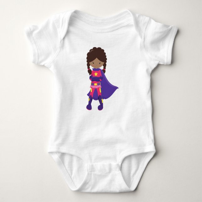 African American Girl, Superhero Girl, Cape Baby Bodysuit (Front)