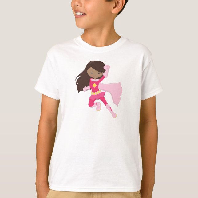 African American Girl, Superhero Girl, Pink Cape T-Shirt (Front)