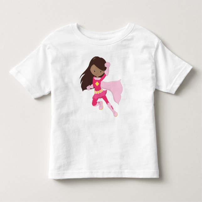 African American Girl, Superhero Girl, Pink Cape Toddler T-Shirt (Front)