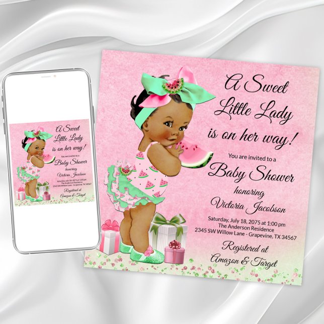 African American Girl Watermelon Baby Shower Invitation (Cute watermelon baby shower invitation. Instant download and printed invitations available.)
