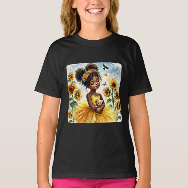 African American Girl With Sunflowers and Teddy T-Shirt (Front)