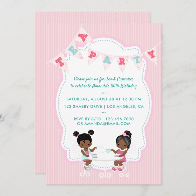 African-american Girl's Birthday Tea Party invite (Front/Back)
