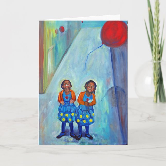 african american girls twins children balloons art card (Front)