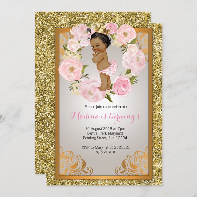 African American Gold 1st birthday invitations (Front/Back)
