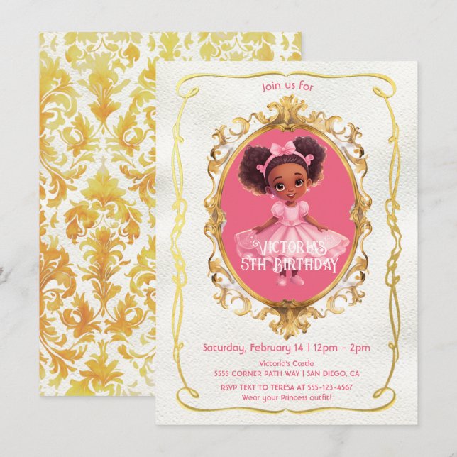 African American Gold Pink Princess Birthday Party Invitation (Front/Back)