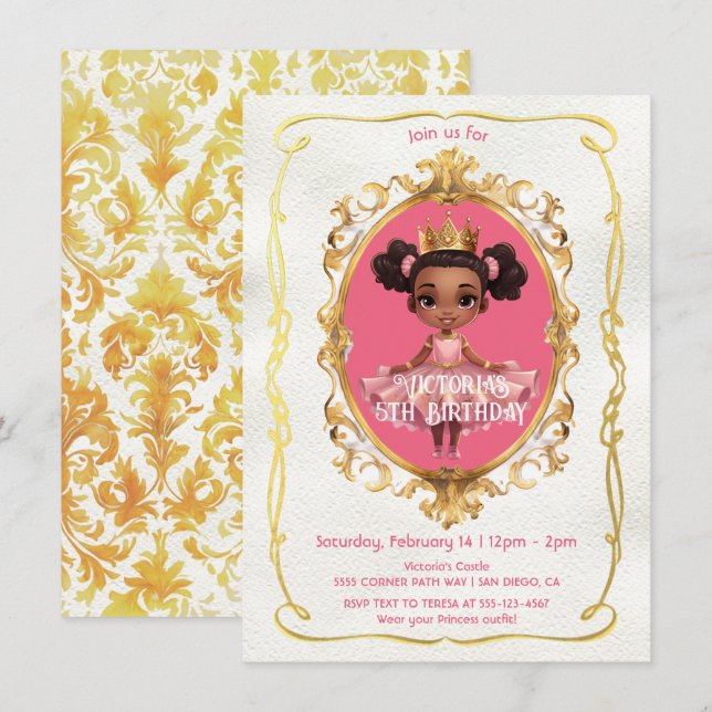 African American Gold Pink Princess Birthday Party Invitation (Front/Back)