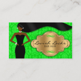 African American Hair Stylist Green Gold Damask Business Card