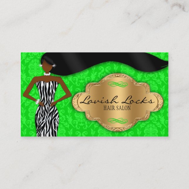 African American Hair Stylist Green Gold Zebra Business Card (Front)
