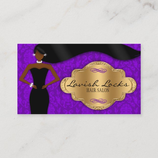 African American Hair Stylist Purple Gold Damask Business Card (Front)