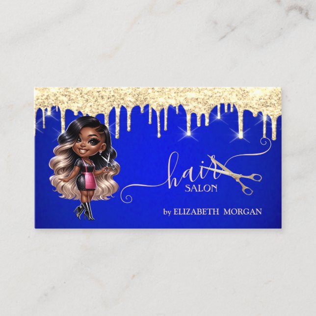 African American Hairdresser Glitter Drips Blue Business Card (Front)