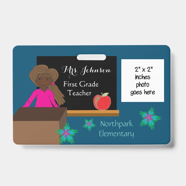 African American k-12 teacher blue photo ID badge (Front)
