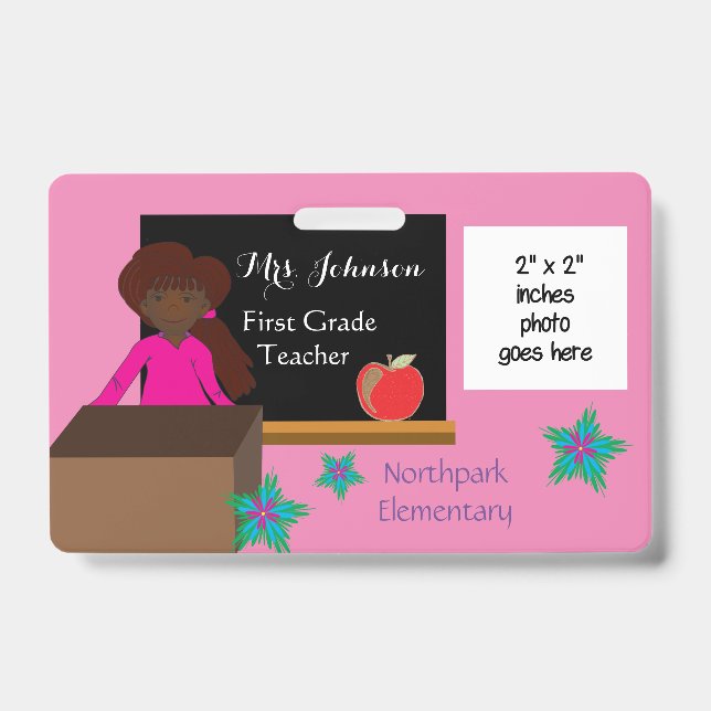 African American k-12 teacher pink ID badge (Front)