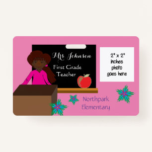 African American k-12 teacher pink ID badge