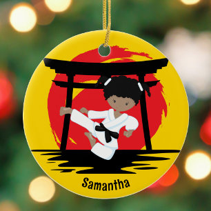 African American Karate Girl Custom Christmas Ceramic Tree Decoration