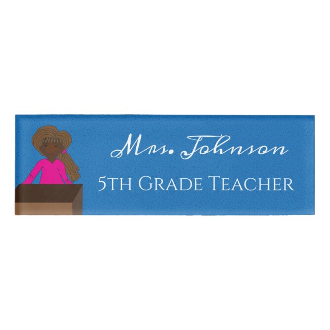 African American Light Hair Teacher Name Tag (Front)