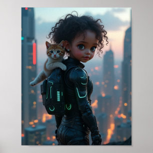 african american little girl with her kitten poster