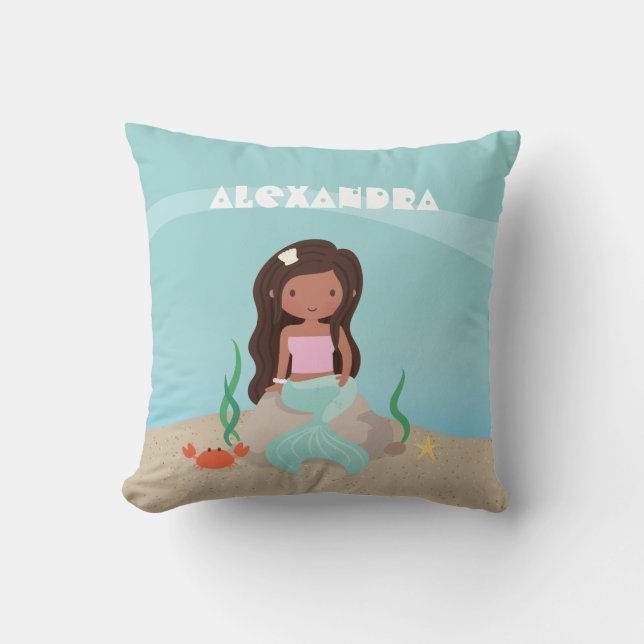 African American Little Mermaid Girls Room Decor Cushion (Front)