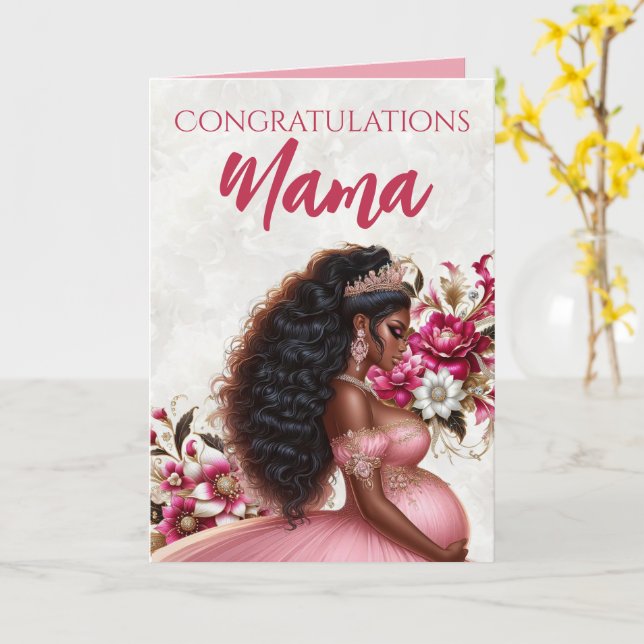 African American Mama to be Pink & Gold Card (Yellow Flower)