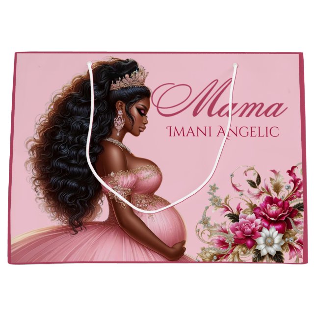 African American Mama to be Pink & Gold Large Gift Bag (Front)