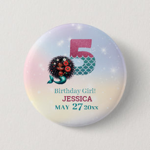 African American Mermaid 5Th Birthday  6 Cm Round Badge