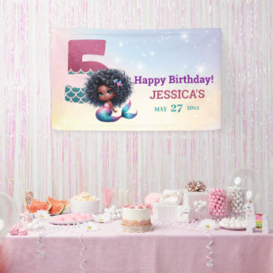 African American Mermaid 5Th Birthday  Banner