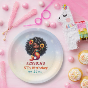 African American Mermaid 5Th Birthday  Paper Plate