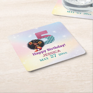 African American Mermaid 5Th Birthday  Square Paper Coaster