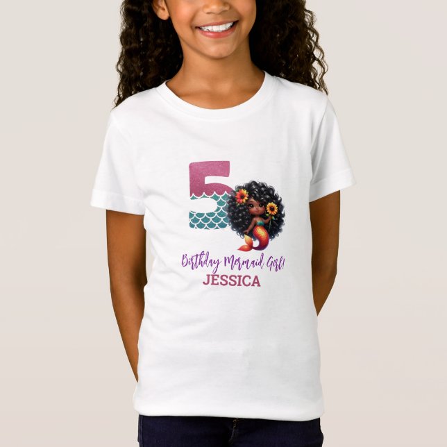 African American Mermaid 5Th Birthday  T-Shirt (Front)