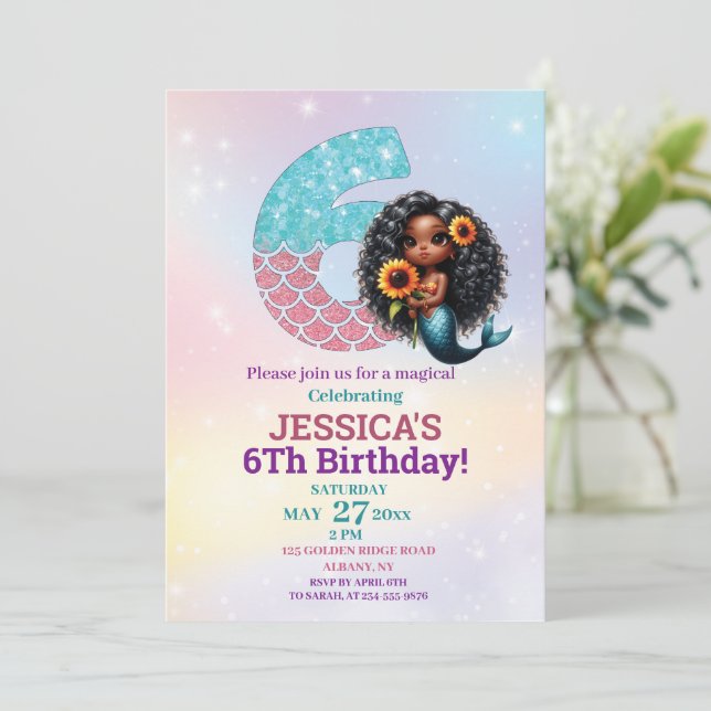 African American Mermaid 6Th Birthday Photo Invitation (Standing Front)